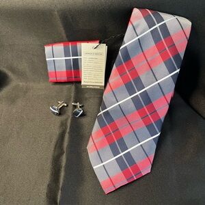 Red and Navy Plaid Men's Tie with Cufflinks